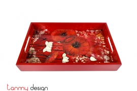 Red rectangular lacquer tray hand-painted  with Water lilies 19*30cm